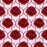 A seamless pattern featuring red roses on a soft pink background, framed by black outlines. The design is elegant and floral, suitable for textiles or wallpapers. vector