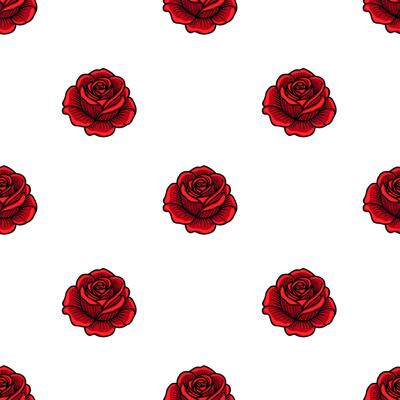 A seamless pattern of red roses on a white background, featuring detailed floral designs. The roses are arranged in a uniform grid, creating a vibrant and cheerful aesthetic.