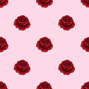 A seamless pattern featuring red roses on a soft pink background. The roses are detailed and vibrant, creating a romantic and cheerful atmosphere. vector