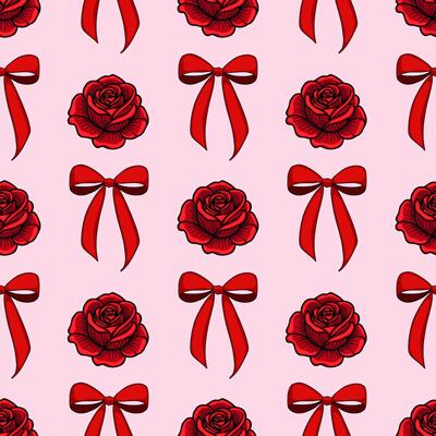 A seamless pattern featuring red roses and red bows on a light pink background. The design is vibrant and romantic, suitable for various decorative uses.