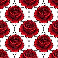 A seamless pattern featuring red roses on a white background, with intricate detailing and a bold black outline. The design is elegant and suitable for various decorative uses. vector