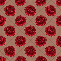 A seamless pattern featuring red roses on a beige background, arranged in a grid layout. The roses are intricately detailed with bold outlines, creating a striking visual effect. vector