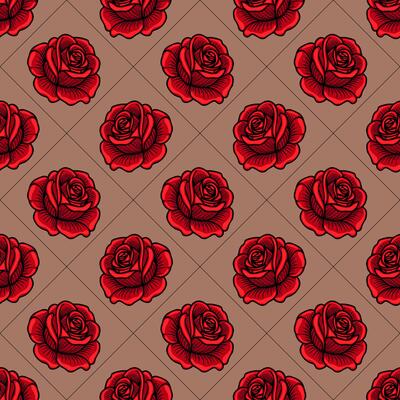 A seamless pattern featuring red roses on a beige background, arranged in a grid layout. The roses are intricately detailed with bold outlines, creating a striking visual effect.