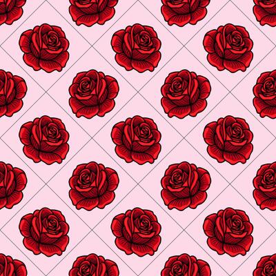 A seamless pattern featuring red roses on a light pink background, arranged in a diamond grid layout. The roses are intricately detailed, showcasing their petals and leaves.