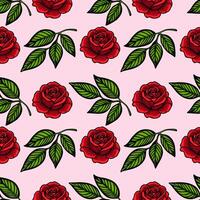 A seamless pattern featuring vibrant red roses and green leaves on a soft pink background. The design is bold and eye-catching, perfect for textiles or wallpapers. vector