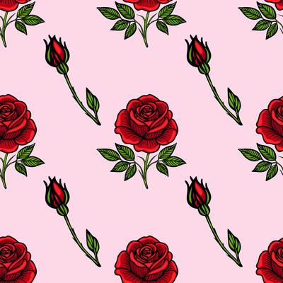 A seamless pattern featuring red roses and rose buds on a soft pink background. The design showcases detailed illustrations of the flowers with green leaves, creating a vibrant aesthetic.
