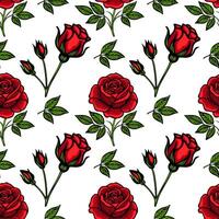 A seamless pattern featuring vibrant red roses and green leaves on a white background. The design showcases various stages of rose blooms and buds, creating a lively floral motif. vector