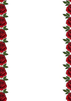 A decorative border featuring vibrant red roses with green leaves on a white background, creating an elegant and romantic frame. vector