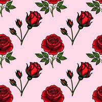 A seamless pattern featuring vibrant red roses and rosebuds on a soft pink background. The roses are intricately detailed with green leaves, creating a romantic and elegant design. vector