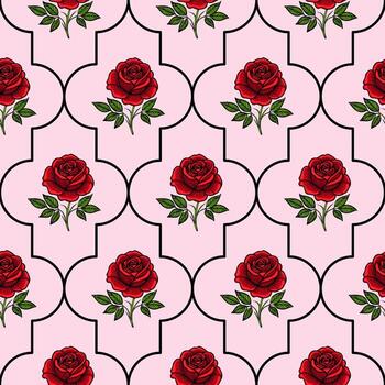 A seamless pattern featuring red roses with green leaves on a soft pink background. The design is framed by decorative shapes, creating a harmonious and elegant look. vector