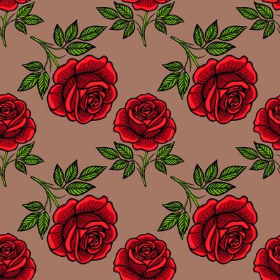 A seamless pattern featuring vibrant red roses with intricate detailing, surrounded by lush green leaves, set against a warm brown background.