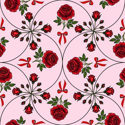A seamless pattern featuring red roses and green leaves, intertwined with red ribbons on a soft pink background. The design is symmetrical and floral, ideal for textiles or wallpaper.