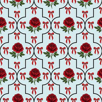 A seamless floral pattern featuring red roses and bows on a light blue background. The design is intricate, with black outlines creating a decorative grid. vector