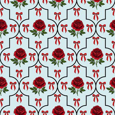 A seamless floral pattern featuring red roses and bows on a light blue background. The design is intricate, with black outlines creating a decorative grid.