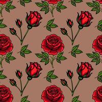 A seamless pattern featuring vibrant red roses and green leaves on a brown background. The design showcases various stages of rose blooms and buds, creating a lively floral motif. vector