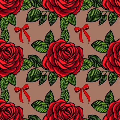 A seamless pattern featuring vibrant red roses with lush green leaves and red bows on a neutral background. The design is bold and eye-catching, perfect for textiles or wallpapers.