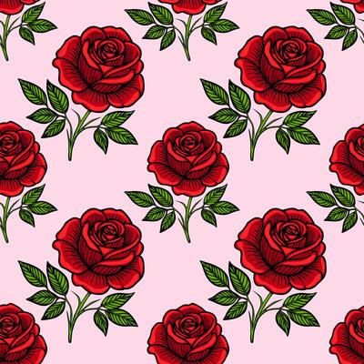 A seamless pattern featuring vibrant red roses with green leaves on a soft pink background, ideal for textile design or wallpaper.