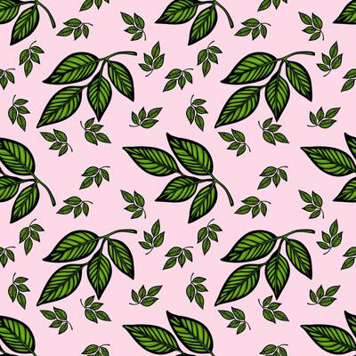A seamless pattern featuring various green leaves on a soft pink background. The design includes both large and small leaves, creating a vibrant and fresh look.