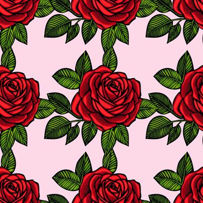 A seamless pattern featuring vibrant red roses with detailed petals and green leaves on a soft pink background. Ideal for textiles, wallpapers, or romantic designs.