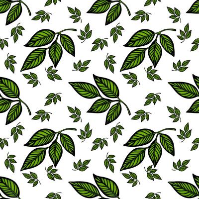 A seamless pattern featuring various green leaves on a white background. The design includes larger leaves and smaller leaf motifs, creating a fresh and natural aesthetic.