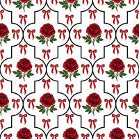 A seamless pattern featuring red roses with green leaves and red bows on a white background. The design is framed with black outlines, creating a classic and elegant look. vector