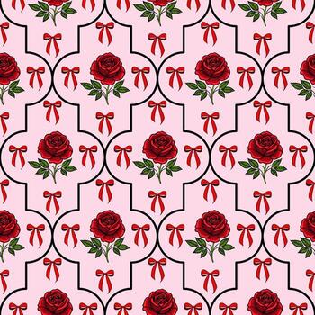 A seamless pattern featuring red roses with green leaves and red bows on a soft pink background. The design is framed with black outlines, creating a vintage and romantic feel. vector
