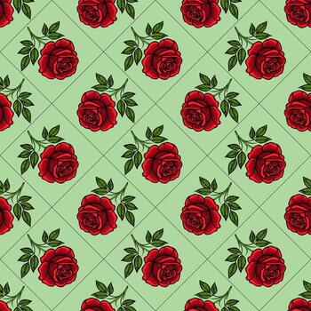 A seamless pattern featuring red roses with green leaves on a light green background, arranged in a grid layout. vector
