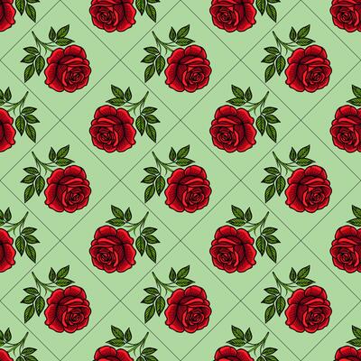A seamless pattern featuring red roses with green leaves on a light green background, arranged in a grid layout.