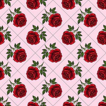un sin costura modelo presentando rojo rosas con verde hojas en un ligero rosado fondo, arreglado en un diamante cuadrícula disposición. vector