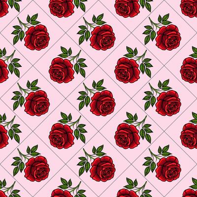 A seamless pattern featuring red roses with green leaves on a light pink background, arranged in a diamond grid layout.