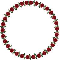 A circular frame made of red roses with green leaves, creating a decorative border. The center is empty, suitable for adding text or images. vector
