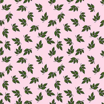 A seamless pattern featuring green leaves on a soft pink background. The leaves are illustrated with fine details, creating a vibrant and fresh look suitable for various design applications. vector