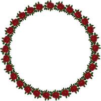 A circular frame made of red roses and green leaves, creating a floral border. The center is empty, perfect for adding text or images. vector