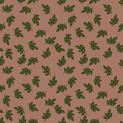 A seamless pattern featuring various green leaves on a brown background, creating a natural and organic feel. Ideal for textiles, wallpapers, or nature-themed designs.