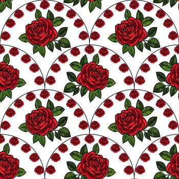 A seamless pattern featuring large red roses with green leaves, arranged in a fan shape. Smaller red roses are scattered throughout the design on a white background. vector
