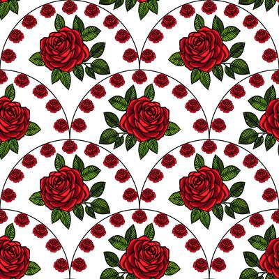 A seamless pattern featuring large red roses with green leaves, arranged in a fan shape. Smaller red roses are scattered throughout the design on a white background.