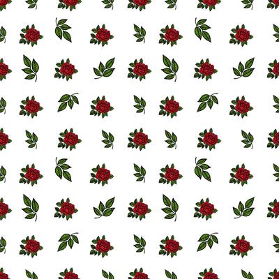 A seamless pattern featuring red roses and green leaves on a white background. The design is vibrant and floral, suitable for textiles or wallpapers.
