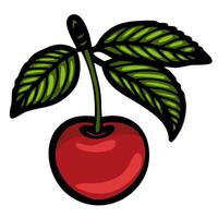 A vibrant red cherry with green leaves, illustrated in a cartoon style. The cherry is round and glossy, while the leaves are detailed with veins, adding a lively touch. vector