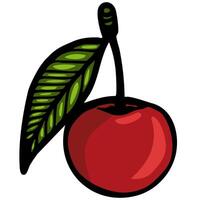 A vibrant, cartoon-style illustration of a cherry with a green leaf. The cherry is bright red and glossy, showcasing a playful and cheerful design. vector