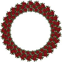 A circular wreath made of vibrant red roses and green leaves, creating a decorative frame. The background is white, emphasizing the floral design. vector