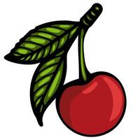 A vibrant red cherry with green leaves, illustrated in a cartoon style. The cherry is glossy and round, with a thick stem and detailed leaf texture. vector