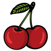 A pair of bright red cherries with a green leaf attached to one of the stems, illustrated in a cartoon style. vector