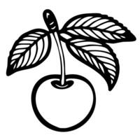 A simple black and white illustration of a fruit with two leaves attached to its stem. The fruit is round and appears to be an apple or similar type of fruit. vector