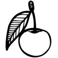 A simple black and white illustration of a cherry with a leaf. The cherry is round and smooth, with a single leaf attached to its stem, showcasing a minimalist design. vector