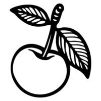 A stylized black and white illustration of an apple with leaves. The apple is round and smooth, with a stem and two leaves attached, showcasing a simple yet elegant design. vector