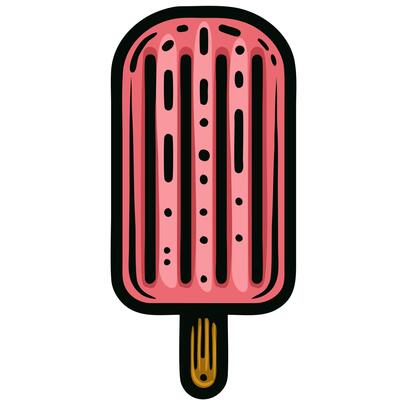 A colorful illustration of a popsicle with a pink hue and a wooden stick. The popsicle features a textured surface with vertical lines and small dots, giving it a fun and playful appearance.