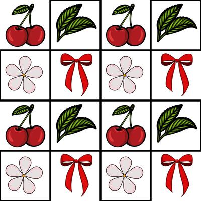 A grid of decorative elements featuring cherries, leaves, flowers, and bows. The design is colorful and playful, suitable for various creative projects.