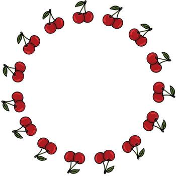 A circular arrangement of red cherries with green leaves, creating a decorative border. The cherries are evenly spaced and vibrant against a white background. vector