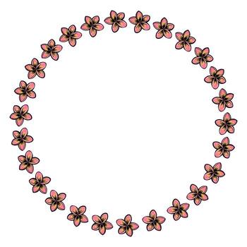 A circular arrangement of pink and yellow flowers with black outlines, creating a decorative floral border. The center is empty, ideal for text or other designs. vector