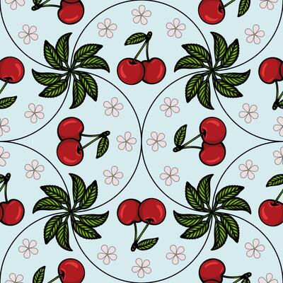 A seamless pattern featuring red cherries, green leaves, and small pink flowers on a light blue background. The design is playful and vibrant, suitable for textiles or wallpapers.